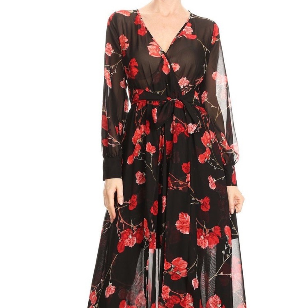 Xtaren Black and Red Floral Maxi Dress